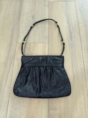 Vintage Morris Moskowitz Navy Blue Leather Shoulder Bag with Gold Accents